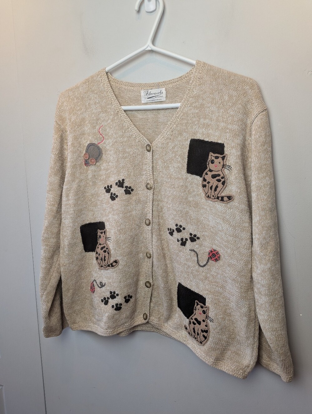 VTG FIBERWORKS Cardigan Cat Pattern No Size (Medium Approx) Hand Embroidered